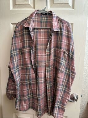 Boohoo Pink and Blue Plaid Button-Up Shirt